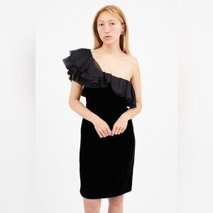 Armani Collezioni One Shoulder Ruffle Velvet Dress Cocktail Holiday Black XS 0/2